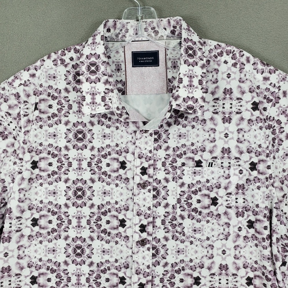 7Diamondsโ Button Down Mens XL White Purple 4 Way Stretch Short Sleeve Geometric